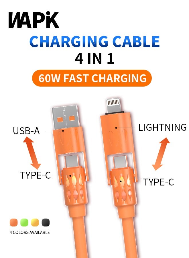 وابيك كابل شحن سريع 4 في 1 من علامة كورية، قوة 60 واط، USB-A و Type-C إلى Type-C / Lightning، سيليكون سائل، نقل بيانات 480Mbps، برتقالي - Image 2